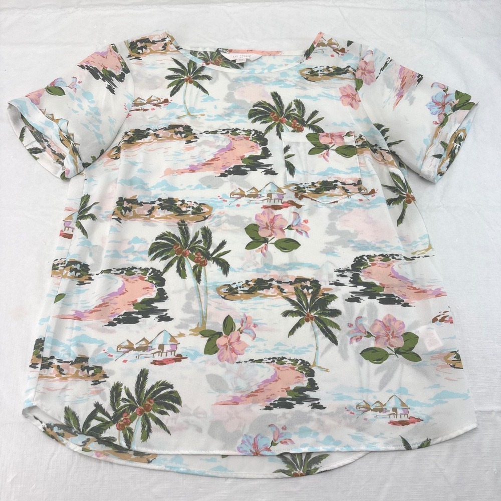 LC Lauren Conrad Tropical Island Palm Tree Print Short Sleeve Blouse White XS